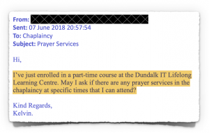 Email sent to DkIT chaplain by a student