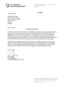 Letter from SVHG to Joint Oireachtas Committee on Health