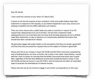Extract from March 2021 OIC Letter
