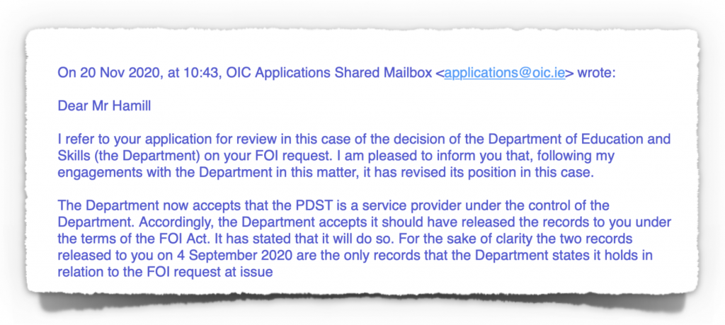 Extract from November 2020 OIC Email