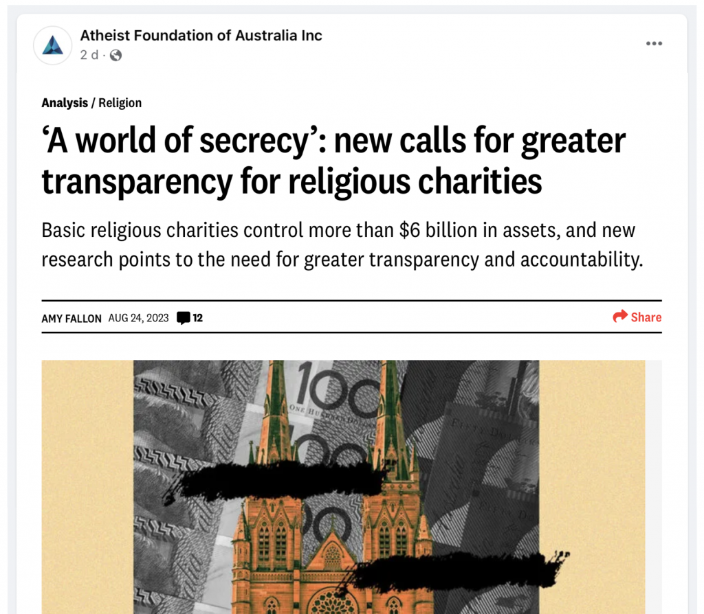 Social media post from Atheist Foundation of Australia