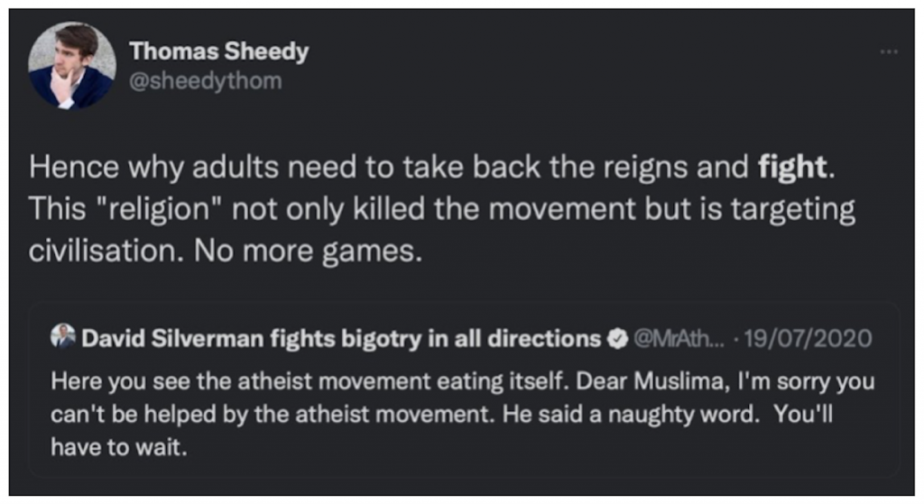 Tweet from Thomas Sheedy on the AAI secular blasphemy policy