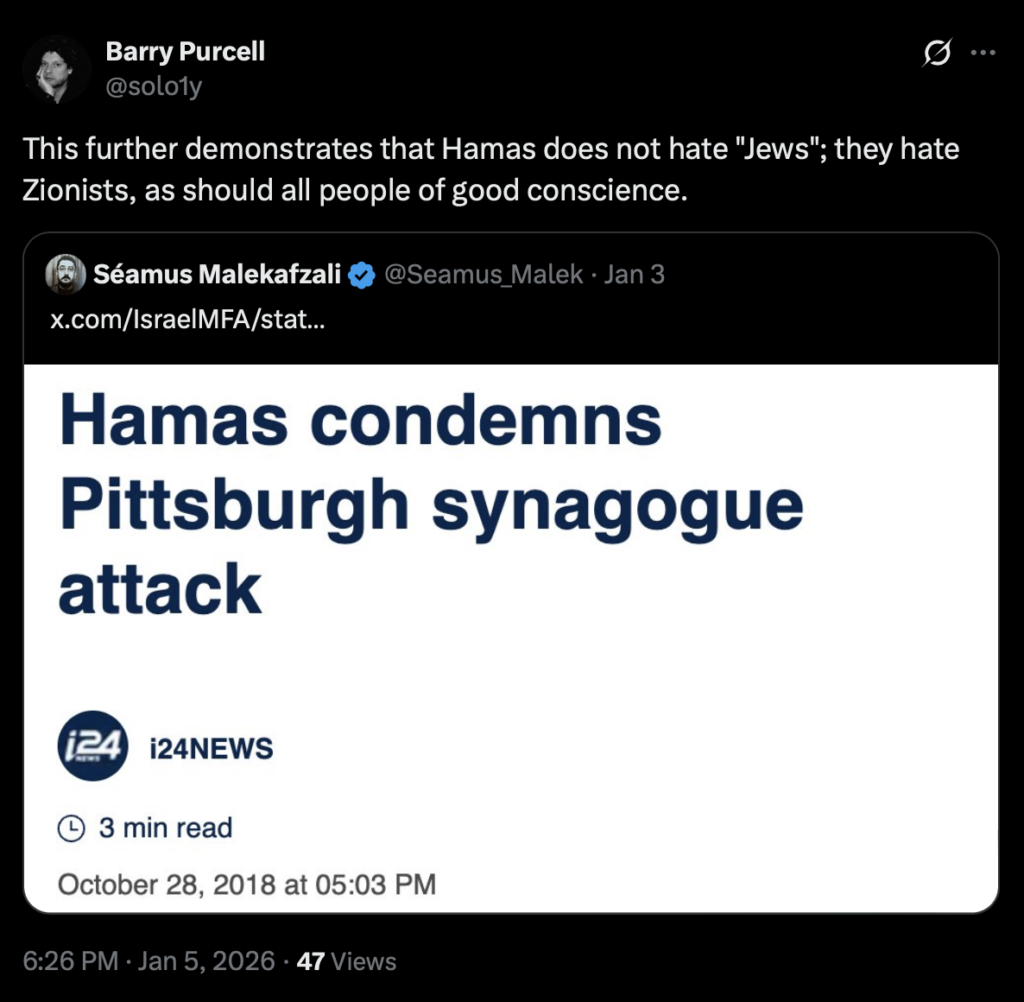 Tweet denying the antisemitism of Hamas
