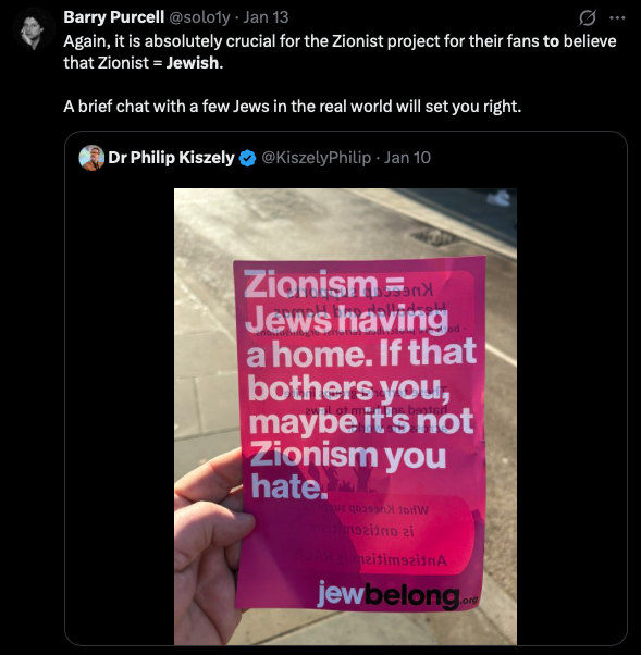 Barry Purcell tweet on Zionists