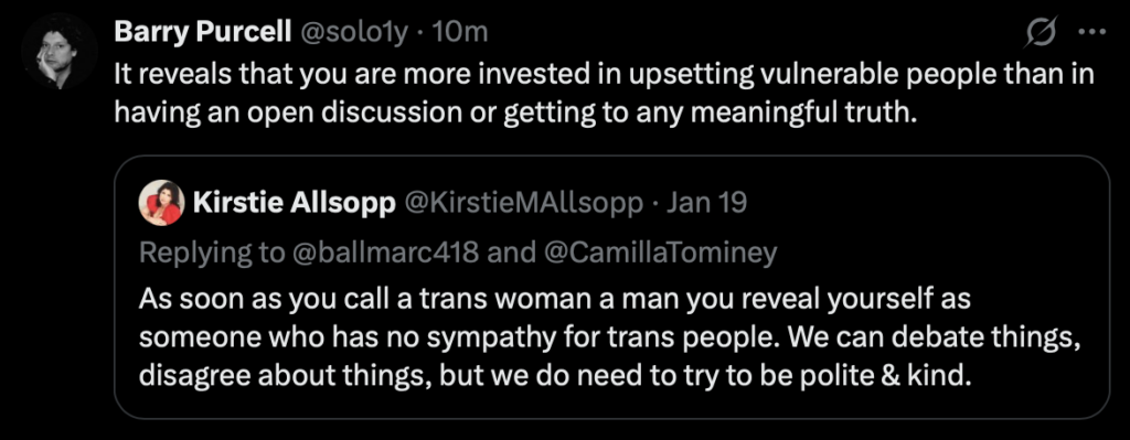 Tweet on referring to the biological sex of a trans-identified person