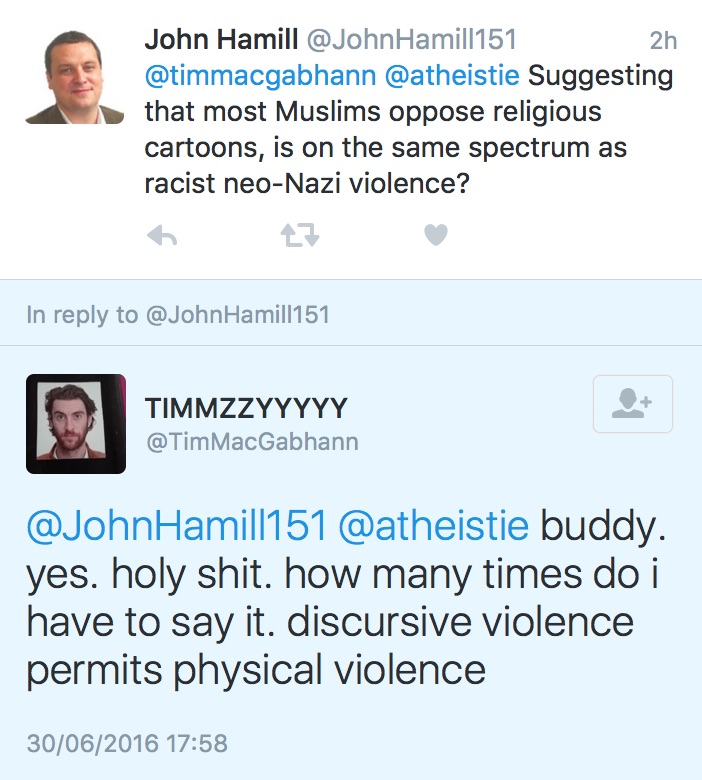 Suggesting Muslims oppose religious cartoons is like racist neo-Nazi violence