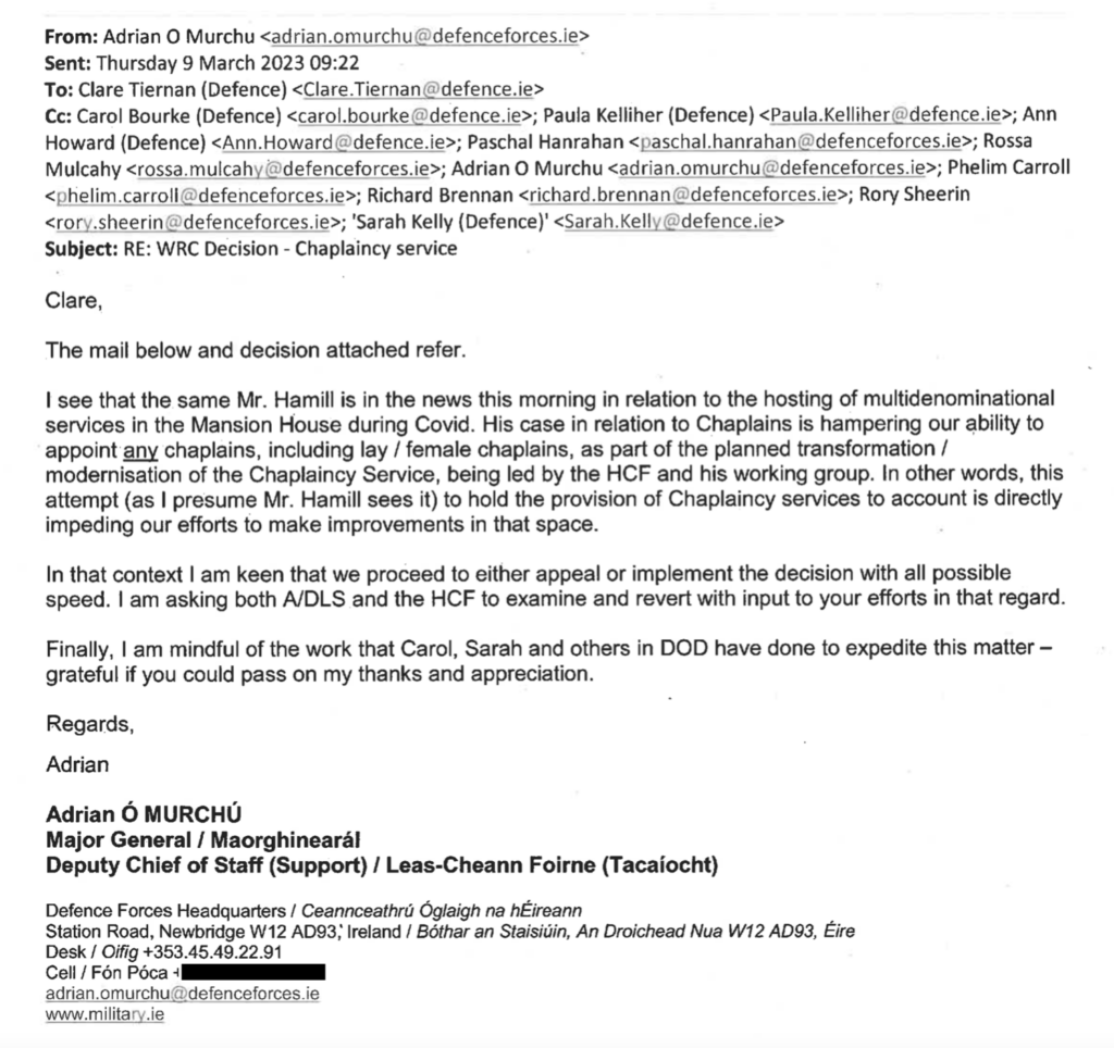 Email from Defence Forces Deputy Chief of Staff (2023-03-09)